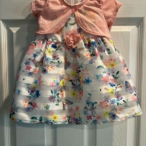 Little girls silk flower dress with pink sweater 12 months